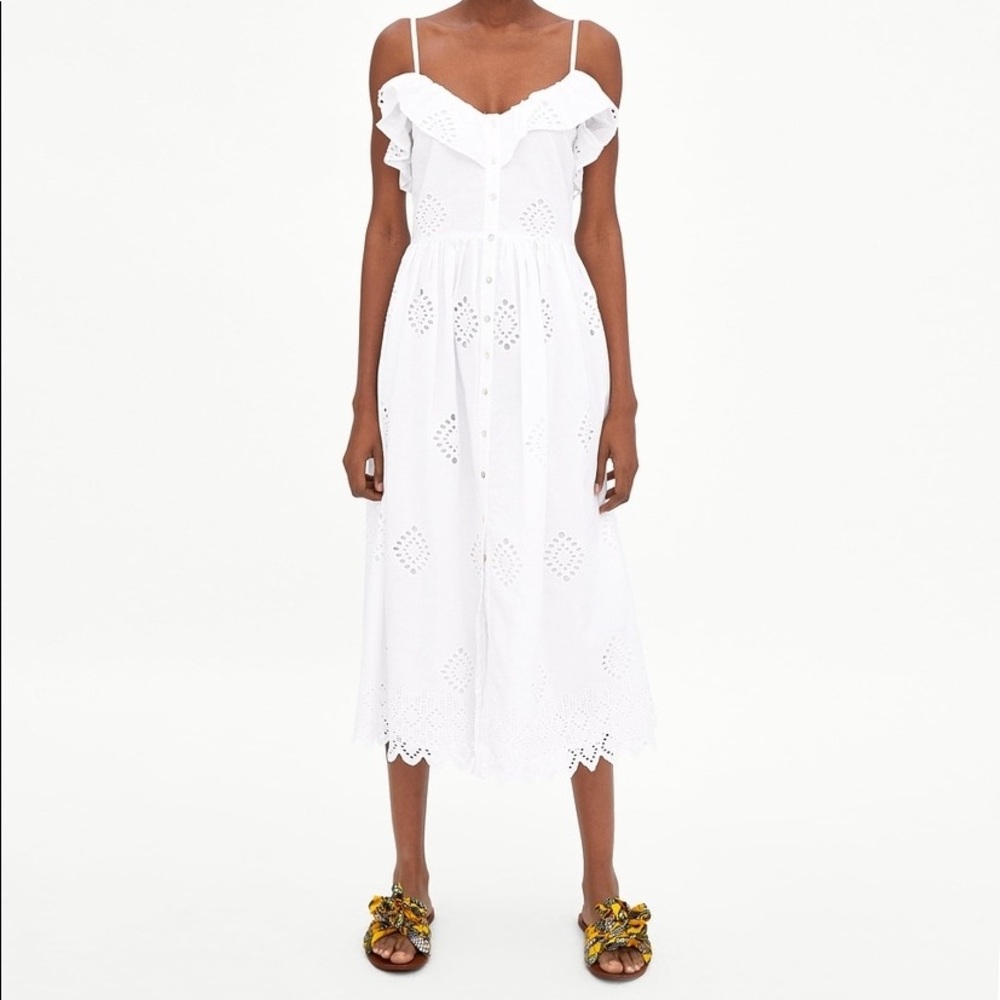Zara Crochet Eyelet Cotton Summer White midi Dress
